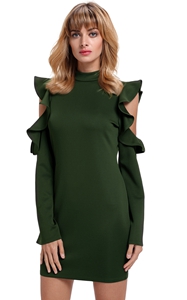 BY220150-9 Army Green Cold Shoulder Ruffle Long Sleeve Bodycon Dress